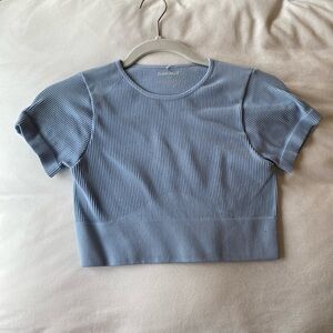 Garage Light Blue Ribbed Short Sleeve Crop Top